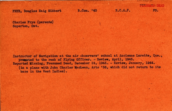 "Service card for Douglas Haig Hibbert Frye page 1"