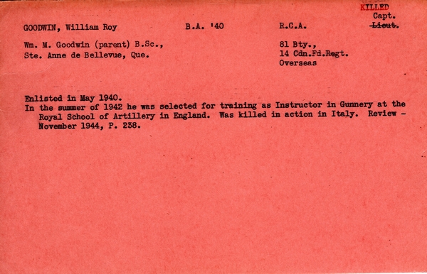 "Service card for William Roy Goodwin"