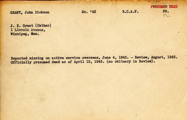 "Service card for John Dickson Grant page 1"