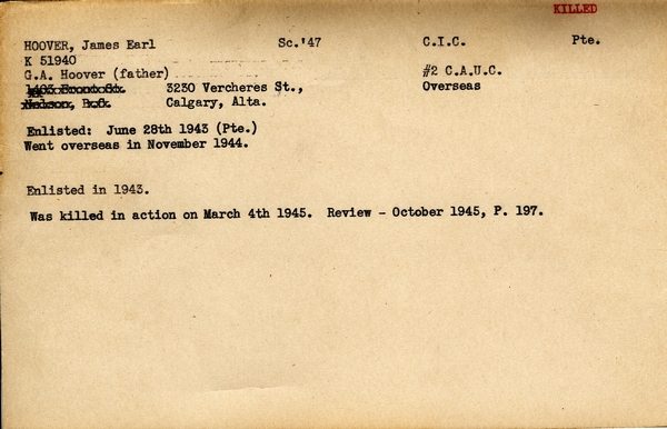 "Service card for James Earl Hoover page 1"