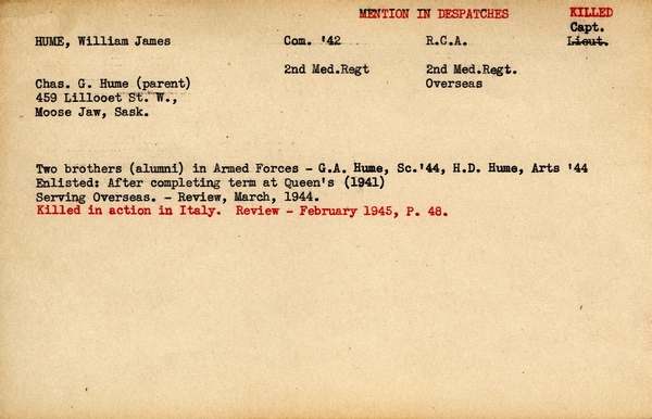 "Service card for William James Hume page 1"