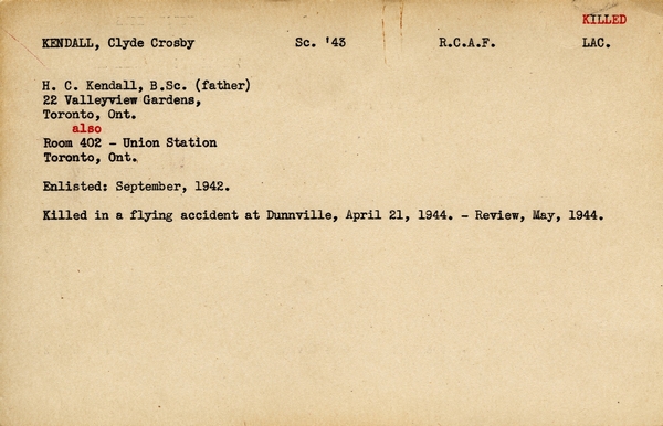 "Service card for Clyde Crosby Kendall"