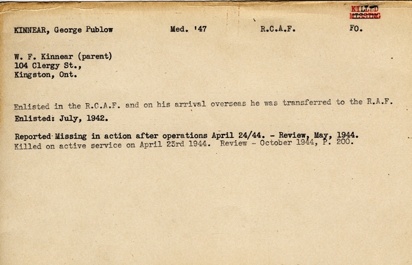 "Service card for George Publow Kinnear"