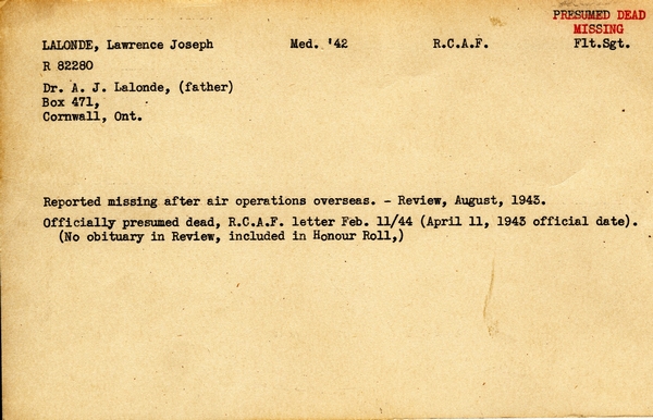 "Service card for Lawrence Joseph Lalonde page 1"
