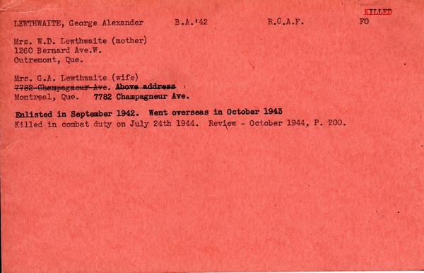 "Service card for George Alexander Lewthwaite page 1"