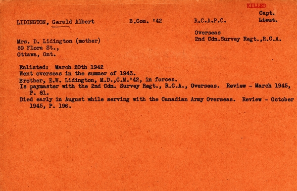 "Service card for Gerald Albert Lidington"