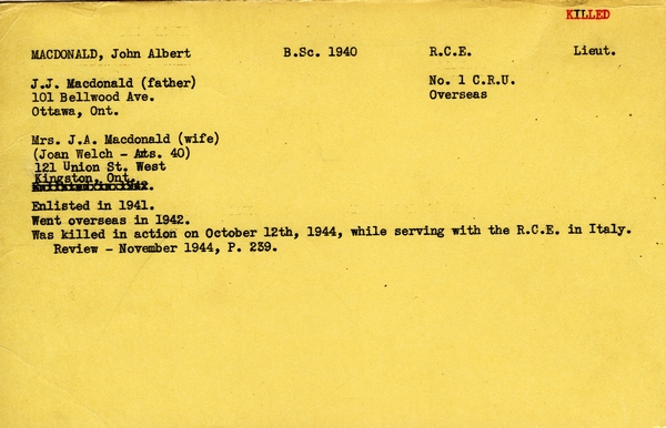 "Service card for John Albert MacDonald page 1"