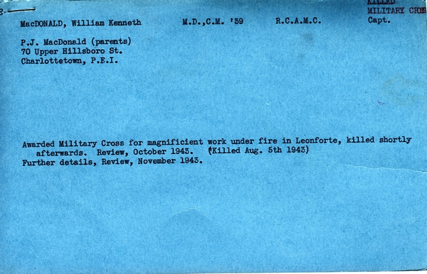 "Service card for William Kenneth MacDonald"