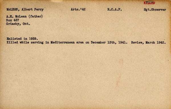 Registration card for Albert Perry McLean
