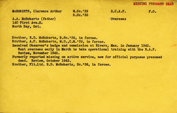 "Service card for Clarence Arthur McRoberts page 1"