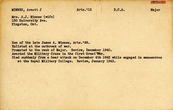 "Service card for Arnott J. Minnes page 1"