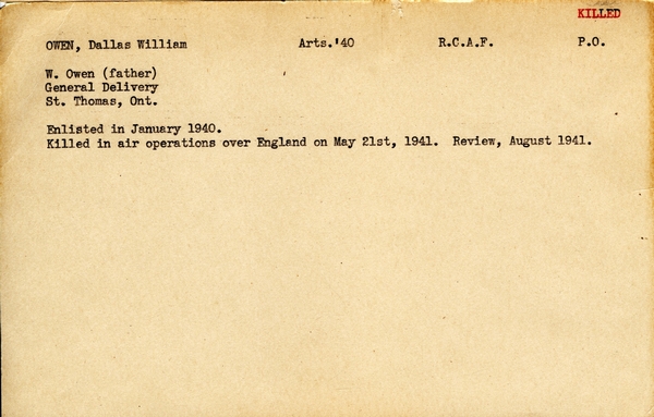 "Service card for Dallas William Owen"