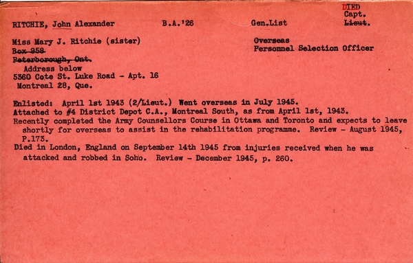 "Service card for John Alexander Ritchie page 1"