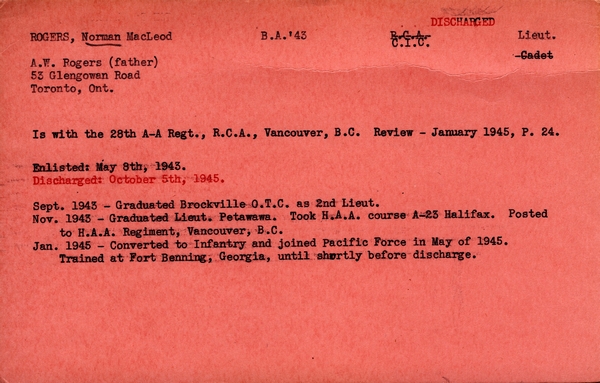 "Service card for Norman MacLeod Rogers"