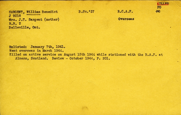 "Service card for William Benedict Sargent page 1"