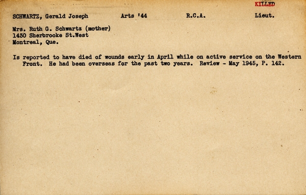 "Service card for Gerald Joseph Schwartz page 1"