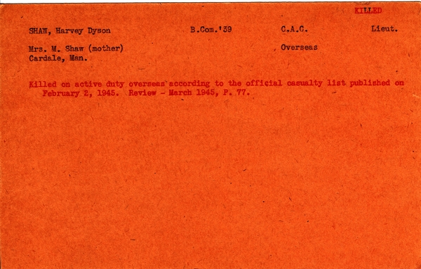 "Service card for Harvey Dyson Shaw page 1"