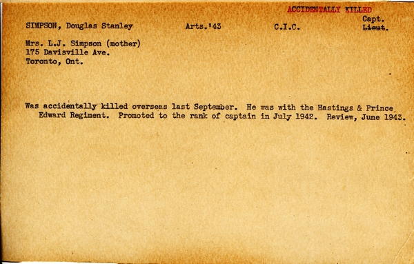 "Service card for Douglas Stanley Simpson page 1"
