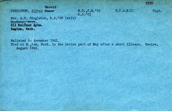 "Service card for Alfred Harold Singleton page 1"