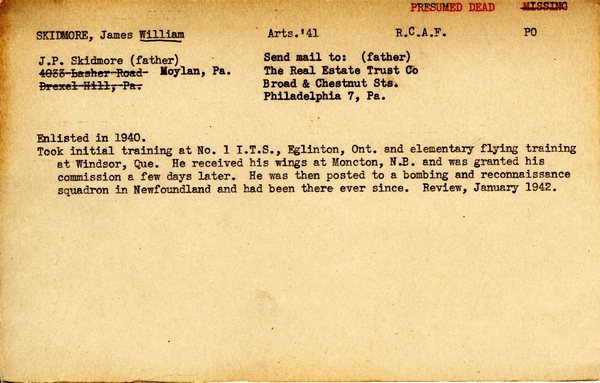 "Service card for James William Skidmore page 1"