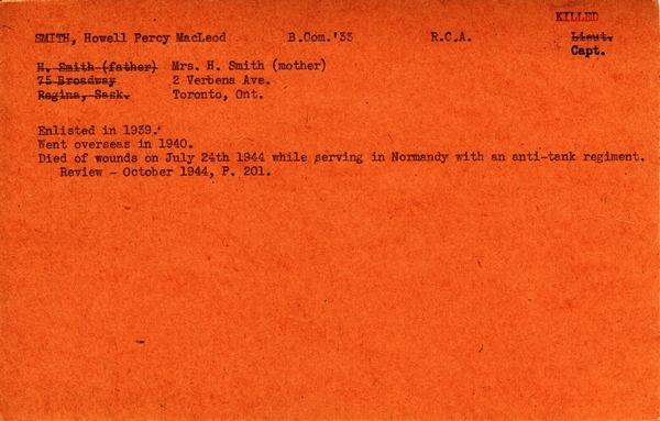 "Service card for Howell Percy MacLeod Smith"