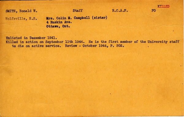 "Service card for Ronald W. Smith page 1"