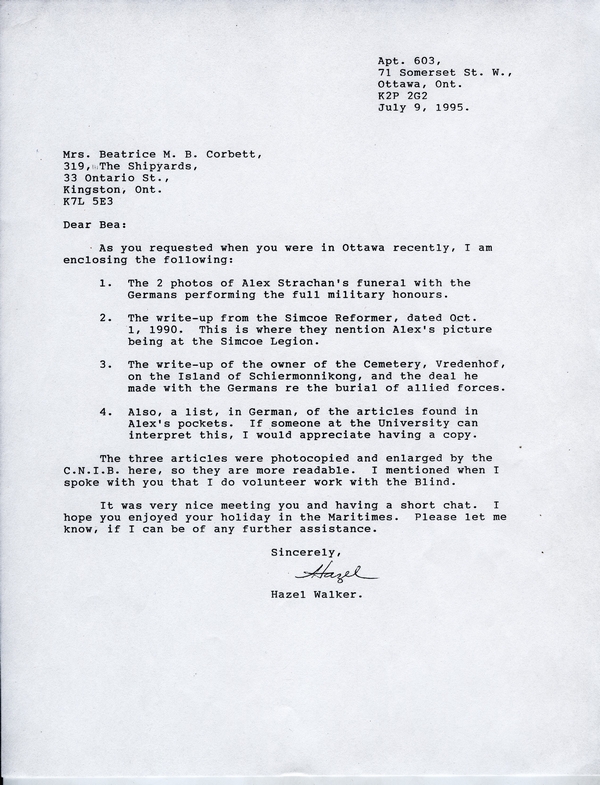 "Letter to Mrs. Beatrice Corbett from Hazel Walker, July 9 1995 "