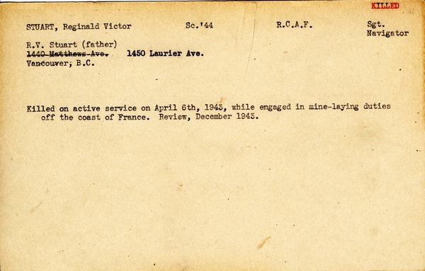 "Service card for Reginald Victor Stuart page 1"