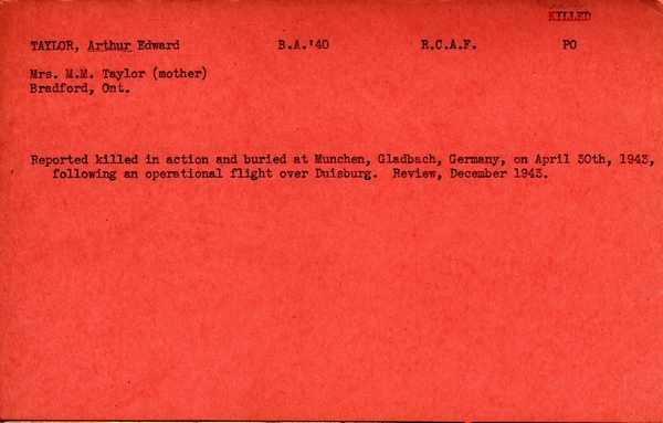 "Service card for Arthur Edward Taylor"