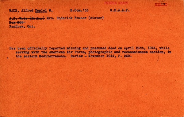 "Service card for Alfred Daniel W. Wade page 1"