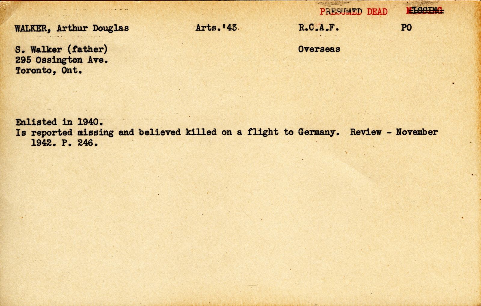 "Service card for Arthur Douglas Walker page 1"