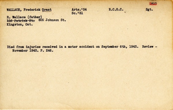 "Service card for Frederick Grant Wallace page 1"