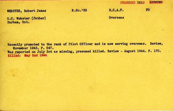 "Service card for Robert James Webster page 1"