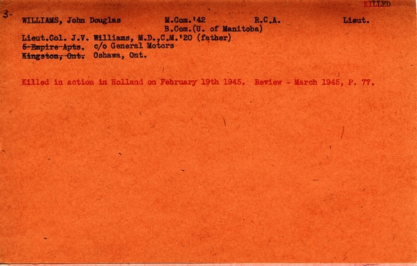 "Service card for John Douglas Williams page 1"