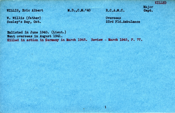 "Service card for Eric Albert Willis page 1"