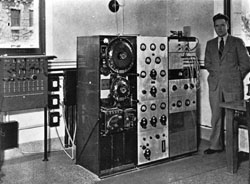 Prof. Harold Stewart with the transmitter, 1939 (Queen's Picture Collection, V28-O-CFRC-9)
