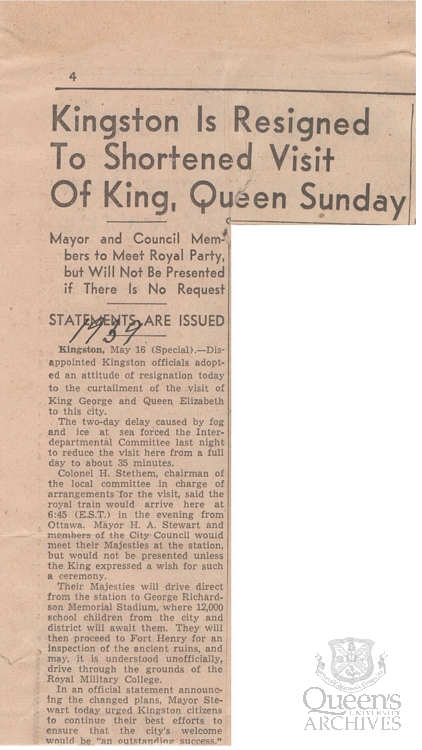 Kingston is resigned to shortened visit of King, Queen Sunday, Page 1