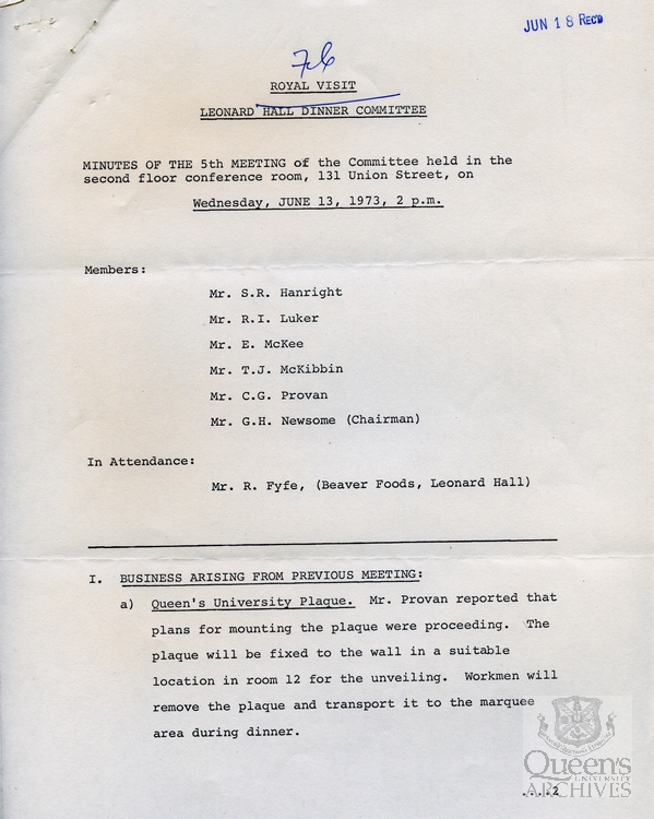 Royal Visit, Leonard Hall Dinner Committee Minutes,13 June 1973, Page 1