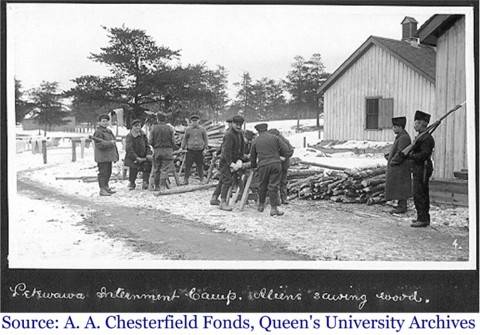 Photograph of immigrants being forced to do work at the Petawawa Internment Camp during WWI