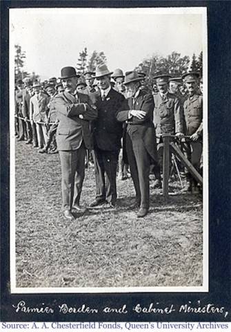 Photograph of Canadian Prime Minister Robert Borden and some of his Cabinet Ministers at Valcartier training camp in Quebec.
