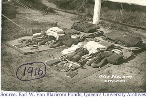 Photograph of an example of a typical equipment kit that was carried by each Canadian soldier while overseas during World War I