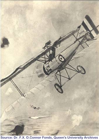 Painting of a British airplane that is engaged in air combat