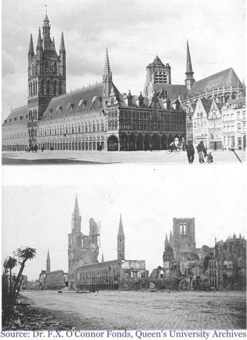 Cloth Hall in Ypres before and after the battle