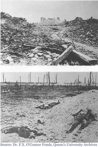 Destroyed buildings and trees after battles
