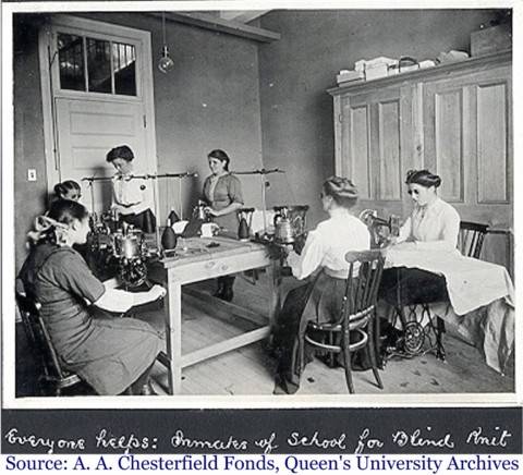 Inmates of the School for the Blind knitting